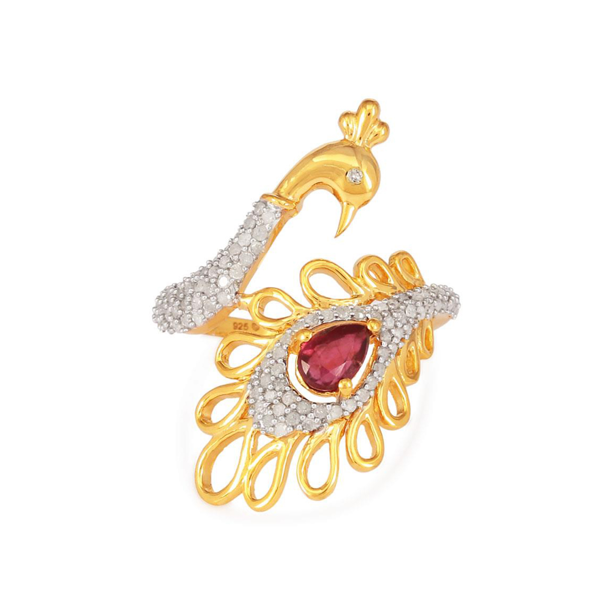 Diamond Peacock Ring with Ruby in Gold Plated Sterling Silver