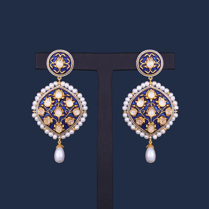Cultured Pearl White Topaz Earrings with Enamel in Gold Plated